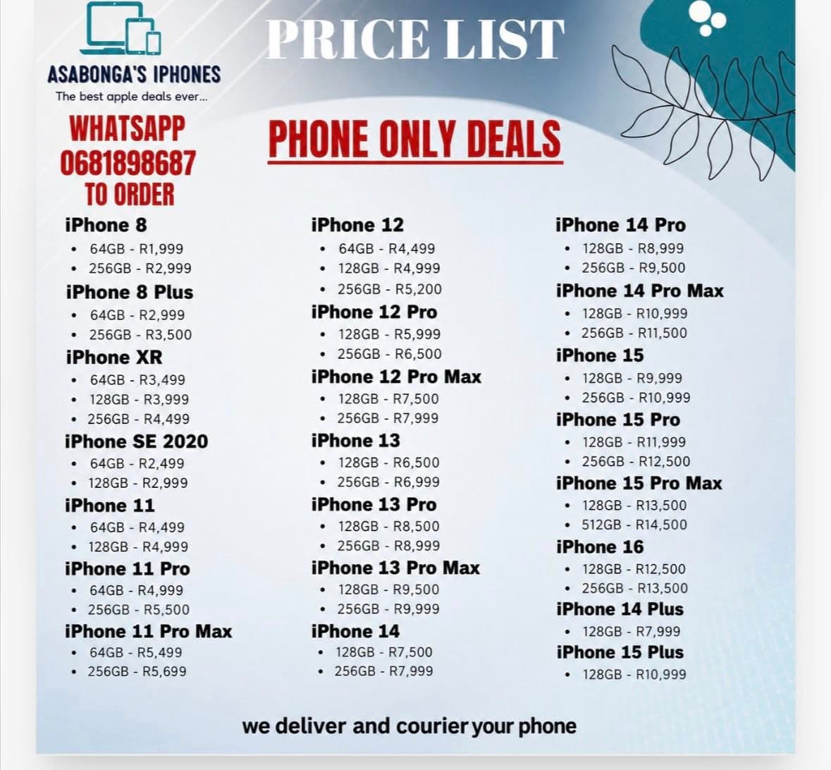 Asabonga's iPhones full price list